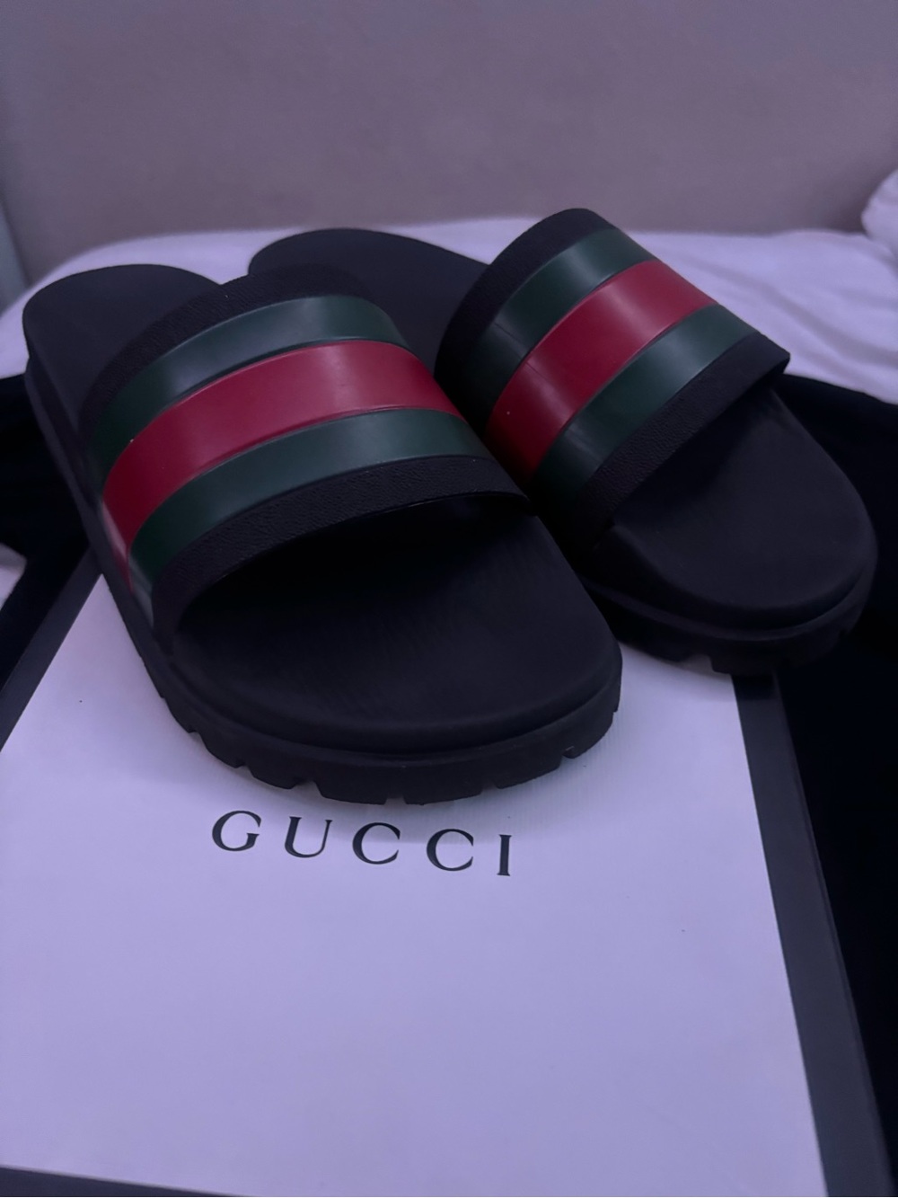 Gucci Black Slide Sandals with Red and Green Stripes